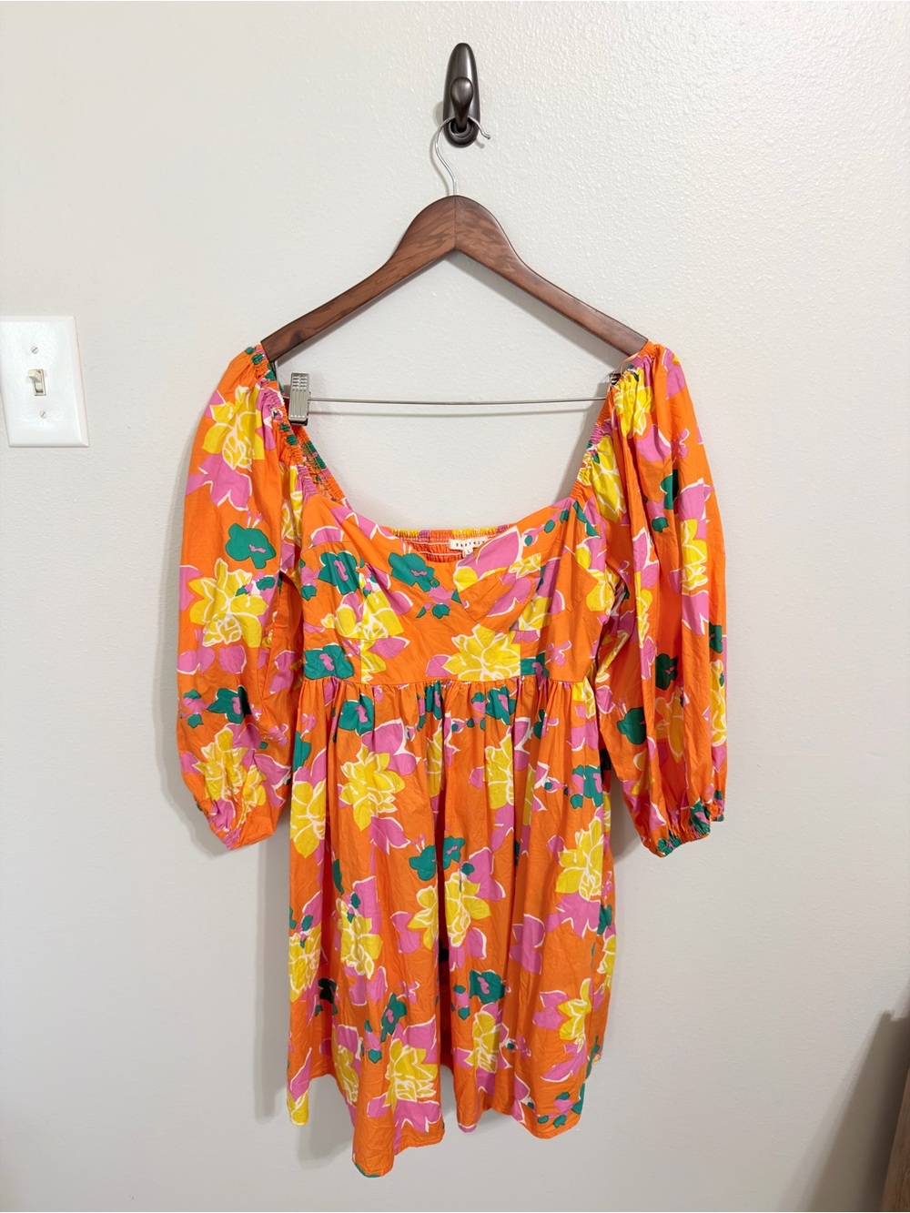 BAEVELY Vibrant Orange Floral Puff-Sleeve Babydoll Mini Dress